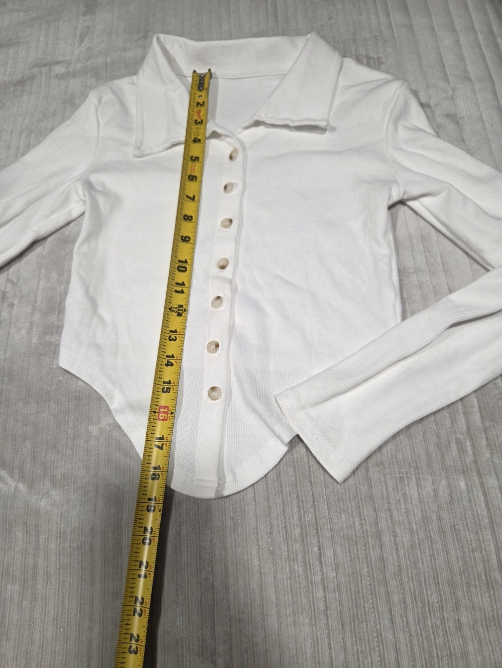 Classic Ribbed Button-Front White Women’s Top - Picture 4 of 5